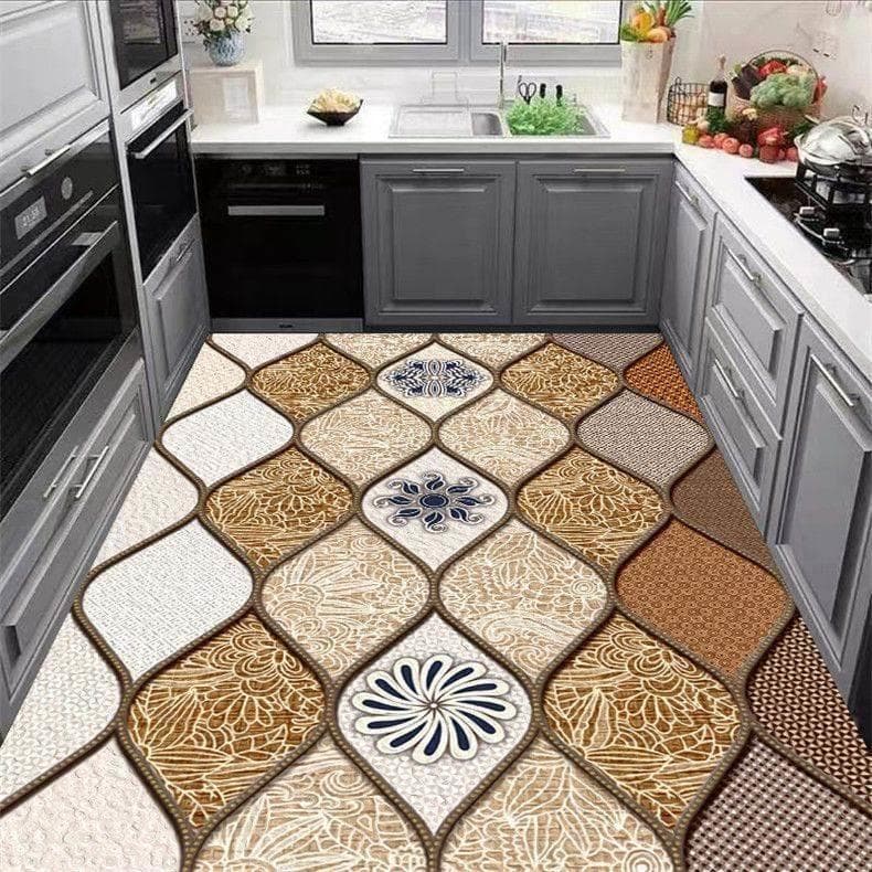 高耐久でふかふか床暖房対応 おしゃれな幾何学柄キッチンマット