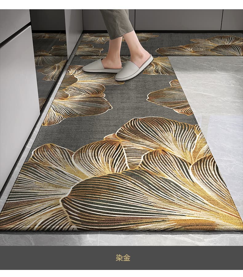 植物柄がおしゃれで高級感ある低反発クッションの北欧風キッチンマット