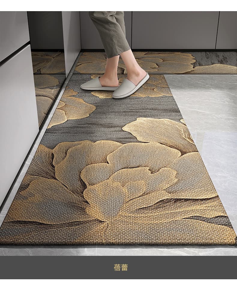 植物柄がおしゃれで高級感ある低反発クッションの北欧風キッチンマット