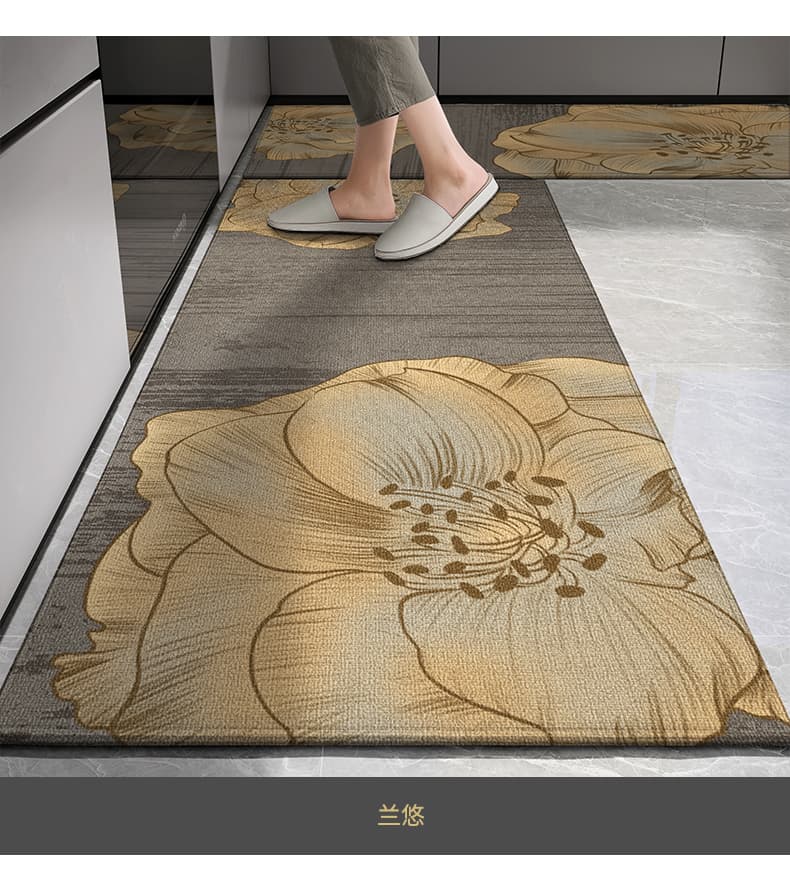 植物柄がおしゃれで高級感ある低反発クッションの北欧風キッチンマット