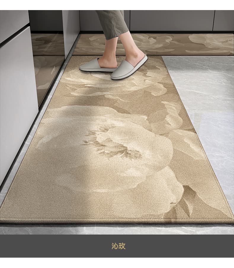 植物柄がおしゃれで高級感ある低反発クッションの北欧風キッチンマット