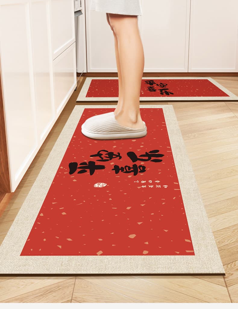 拭けて洗える防油＆防滑仕様の鮮やか赤い北欧風キッチンマット