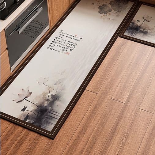 中華モダンL字型キッチンマット！吸水吸油で滑り止め付き洗える高級天然素材