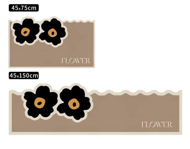 北欧風花柄キッチンマット270cm滑り止め付き洗える黒地にイエロー大花