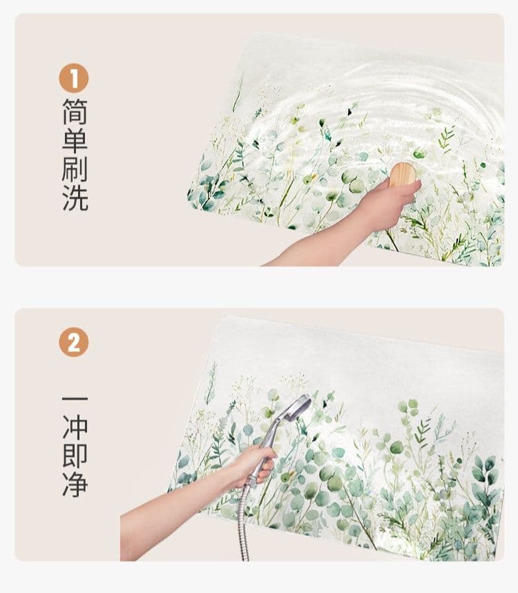 滑り止め付きでずれない！洗える北欧風グリーン植物柄キッチンマット