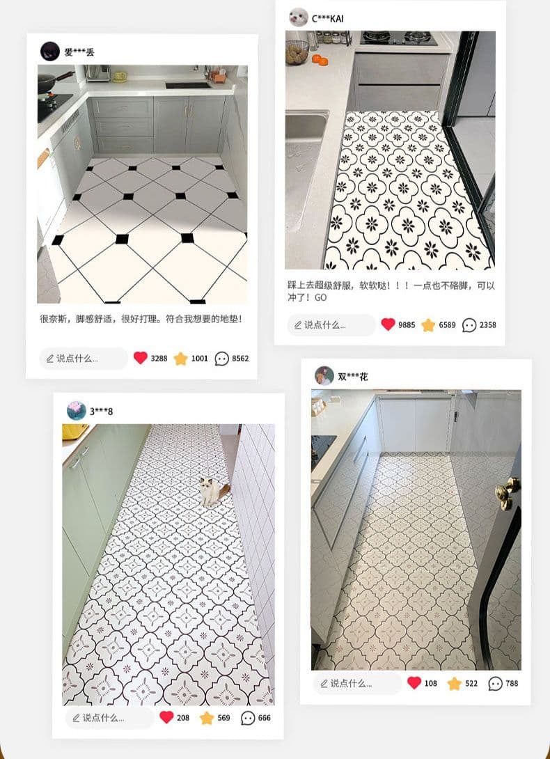 フランス風タイル柄が美しい！防滑PVC製で油汚れに強いキッチンマット