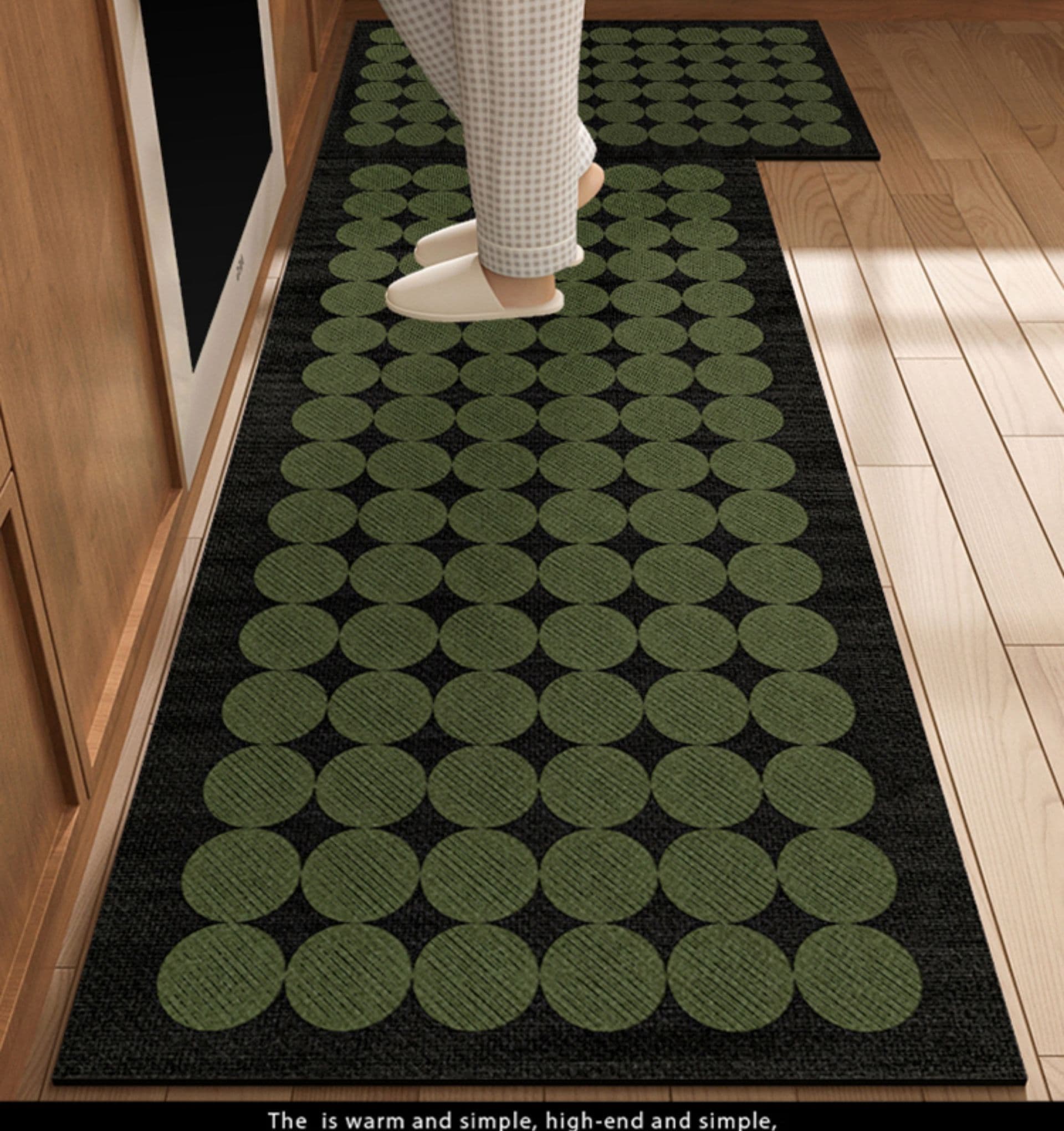 レトログリーン拭ける高級感キッチンマット滑り止め付き洗える50×80cm