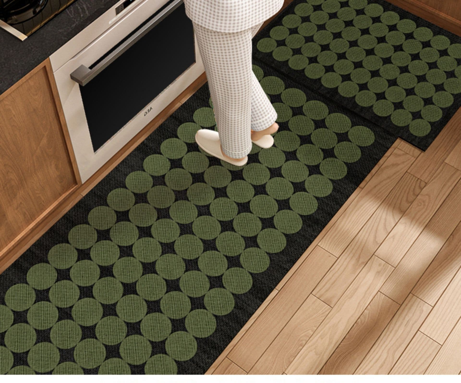 レトログリーン拭ける高級感キッチンマット滑り止め付き洗える50×80cm
