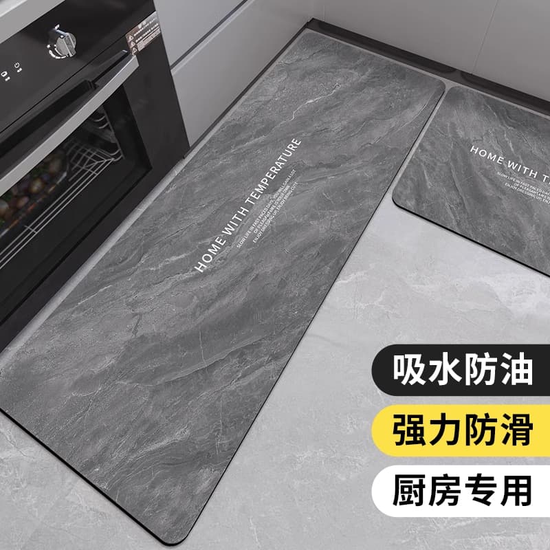 撥水加工で汚れが拭き取れる！大理石調がおしゃれなキッチンマット