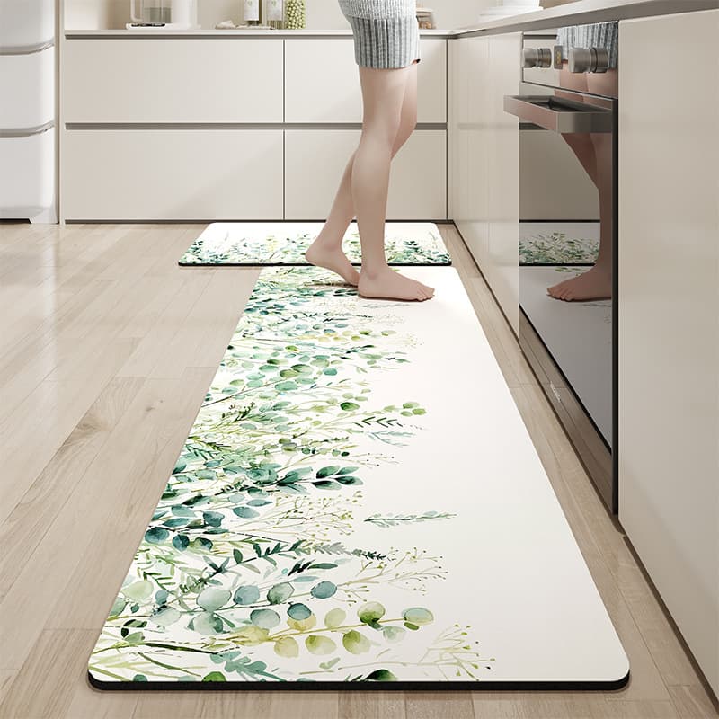 滑り止め付きでずれない！洗える北欧風グリーン植物柄キッチンマット
