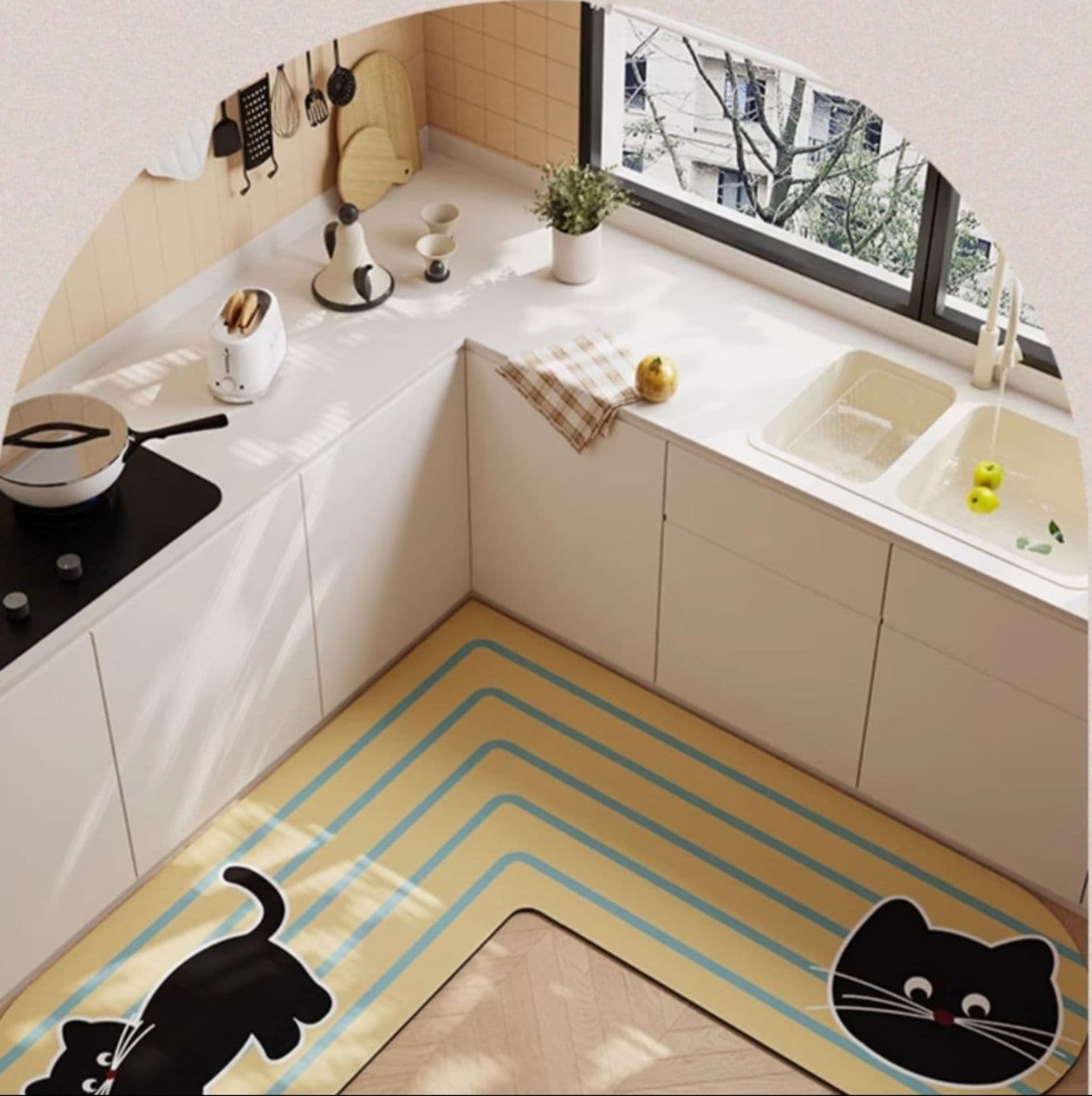 可愛いカートゥーン猫柄の速乾吸水L字型キッチンマット(滑り止め・洗濯可)
